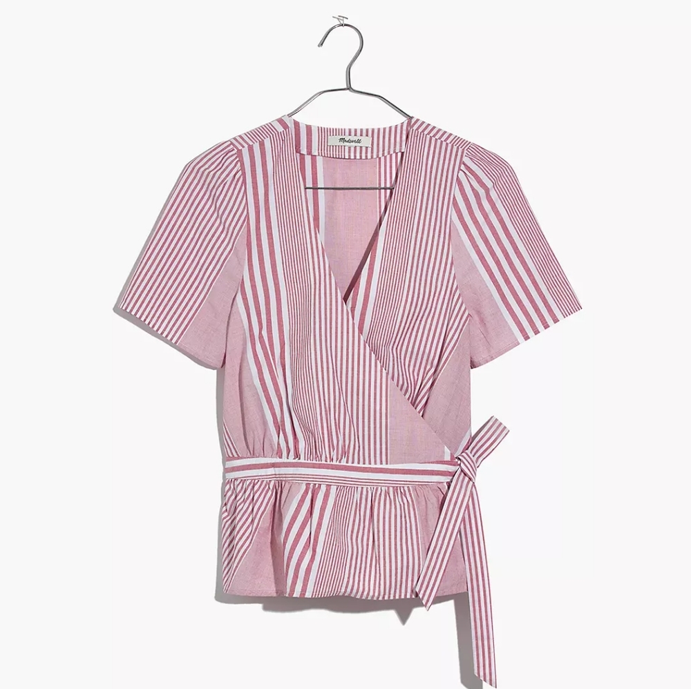 Madewell Ruffle Hem Wrap Top in Stripe Mix